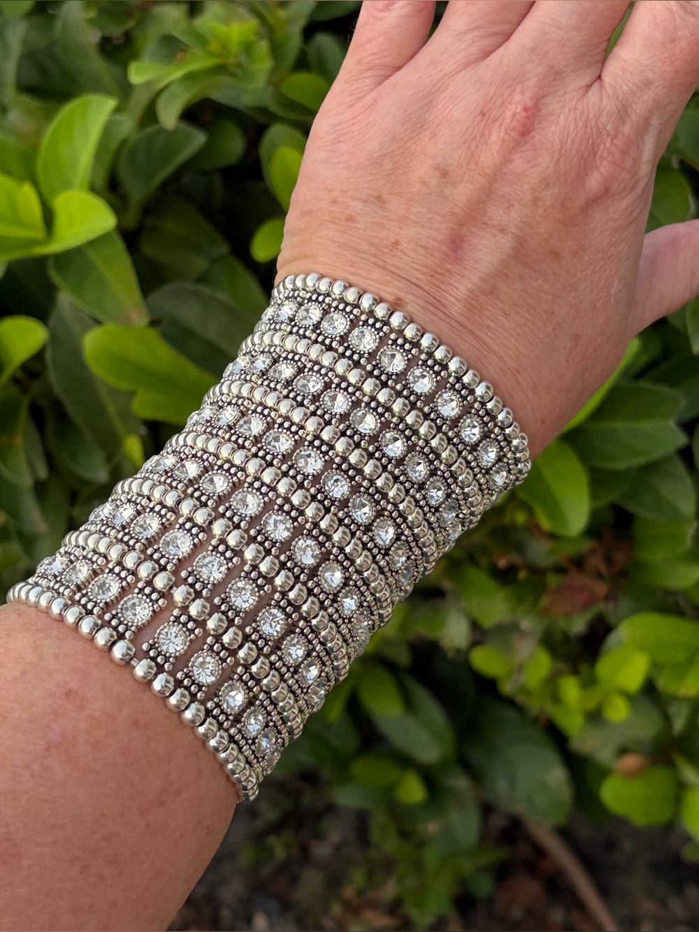 Wide Silver-Tone Rhinestone Mesh Cuff Bracelet | Statement